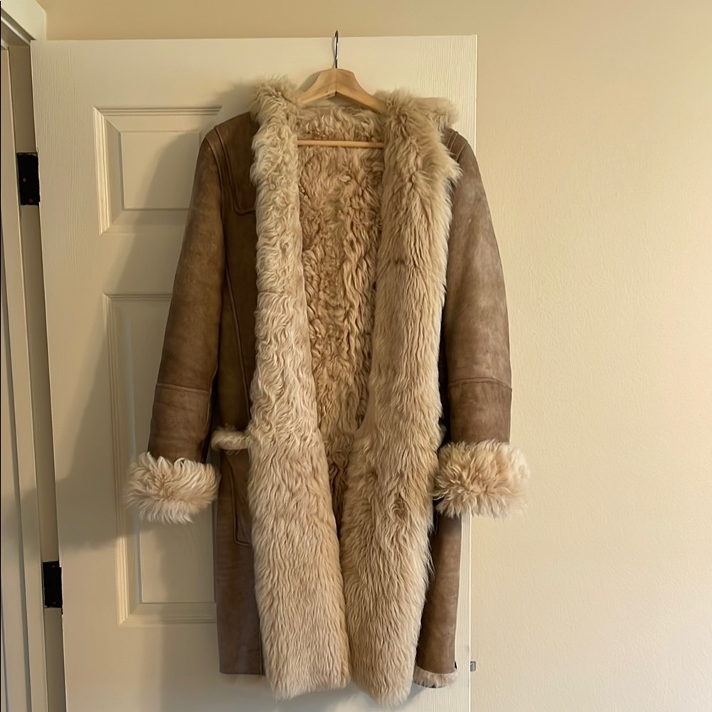 Tan and Cream Teddy Suede Jacket Fur Coat with Plush Lining